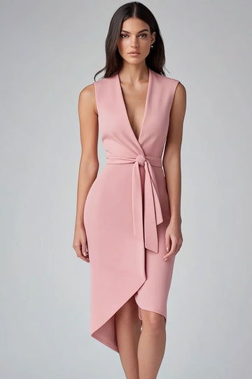 Pink Sheath V-Neck Midi Work Dress with Sash